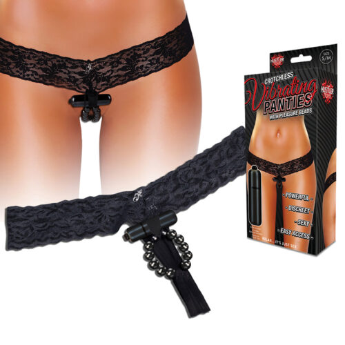 Hustler Δαντελωτό Thong με Πέρλες και δόνηση, μαύρο S/M